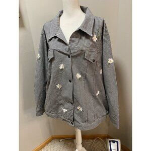 Quacker Factory Gingham Jacket Black White Embroidered Daisy Button Up 3X